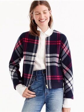 J.Crew Wool Plaid Bomber Jacket | Navy, White & Pink Tartan SZ XS